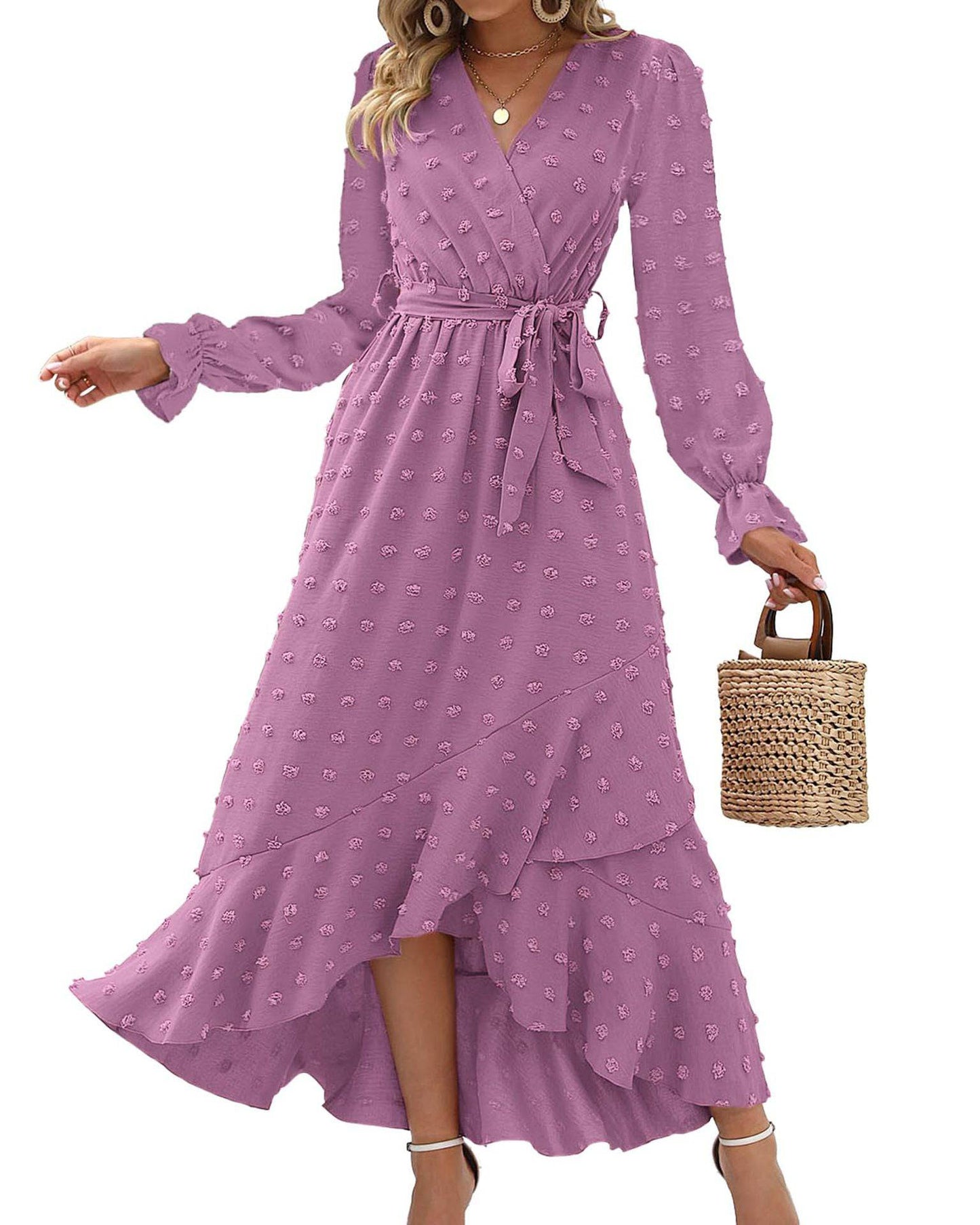 Elegant Swiss Polka Dot Long Sleeve Maxi Dress for Women  S Purple 