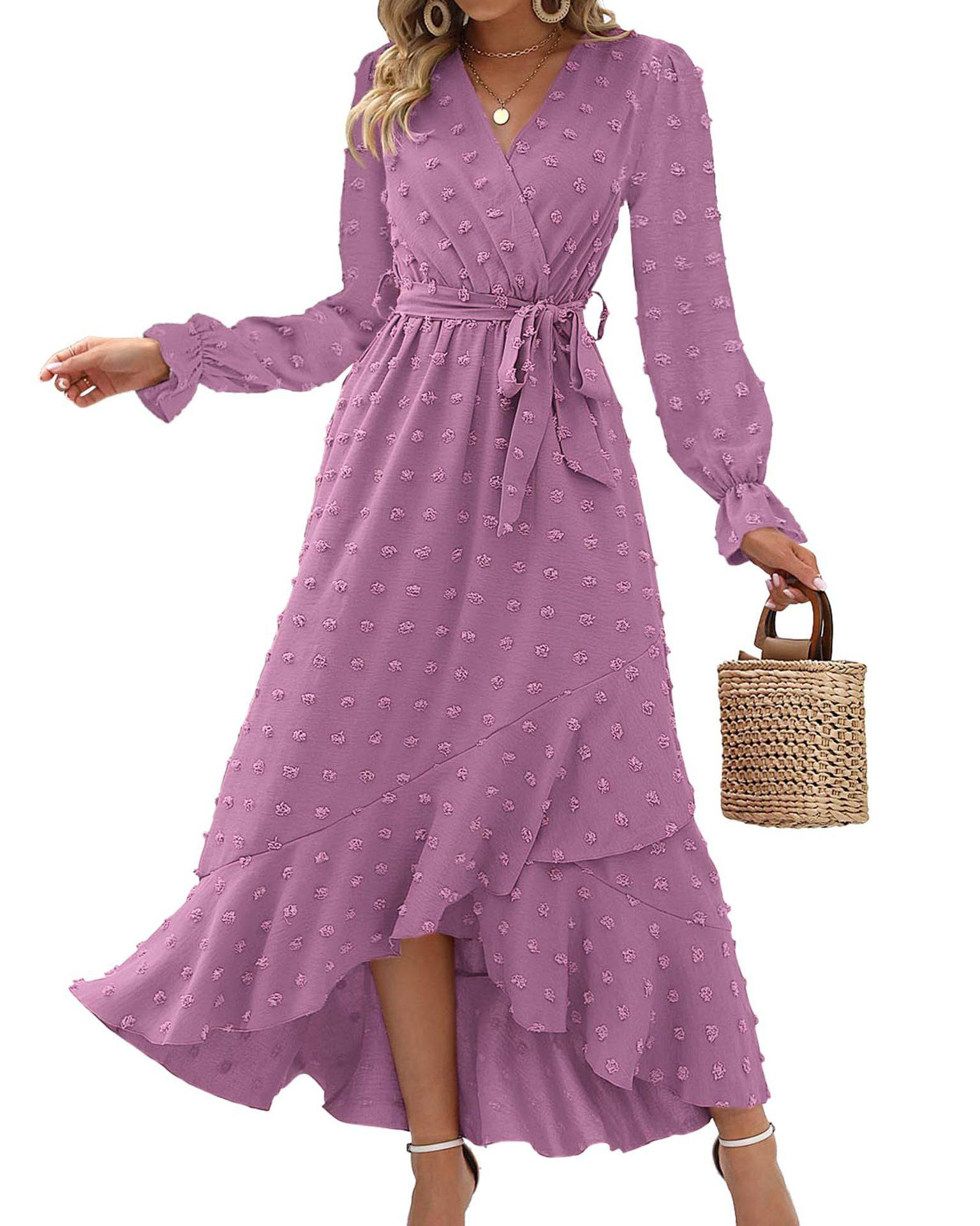 Elegant Swiss Polka Dot Long Sleeve Maxi Dress for Women  S Purple 