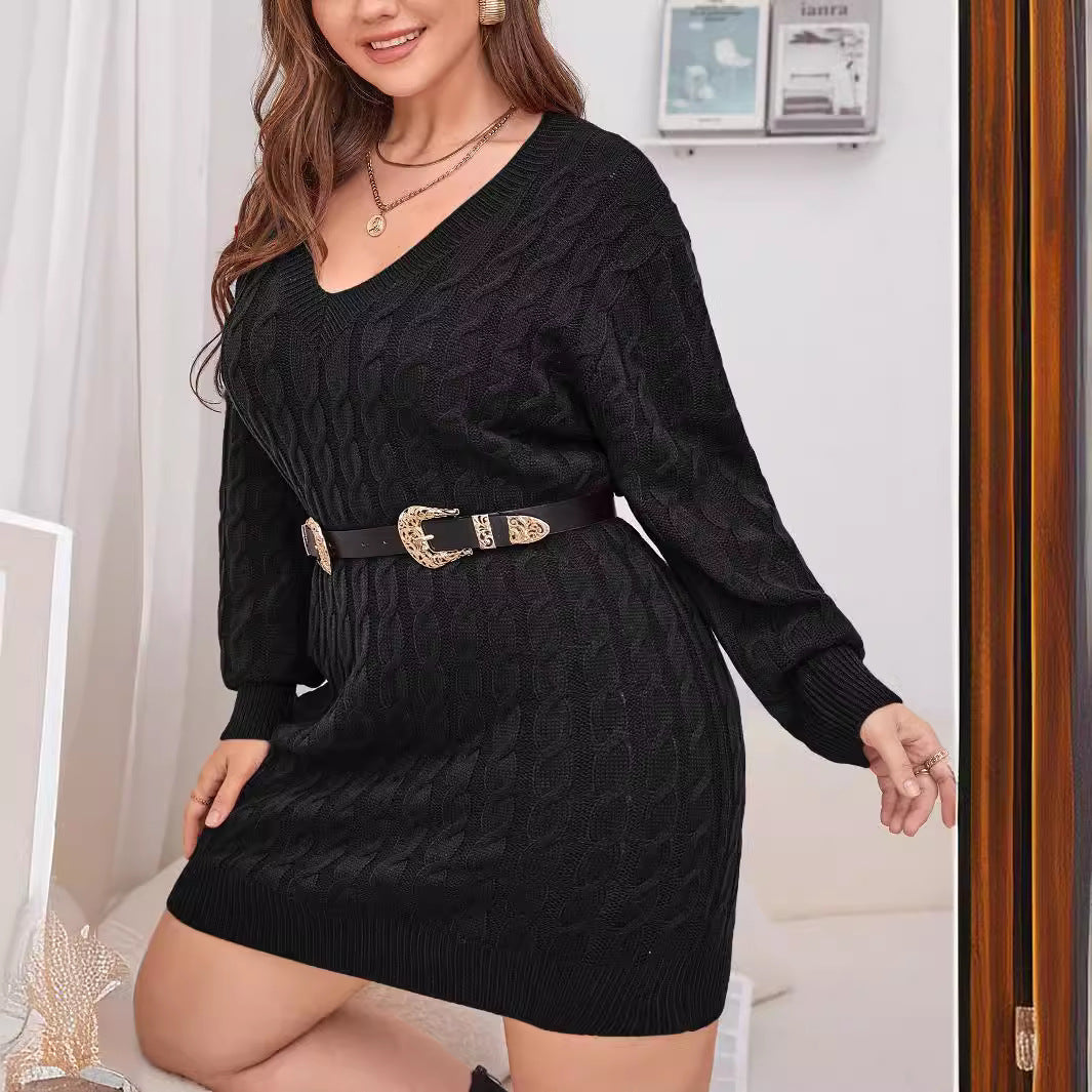 Sweater Dress Women Clothing Custom One Piece Woolen V Neck Knitted Dress No Belt - Wild Amber Fashion