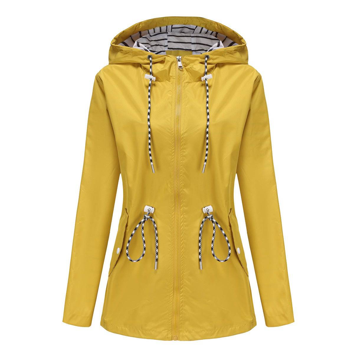 Long Sleeved Waterproof Mid Length Trench Coat Women Hooded Striped Raincoat Women Clothing  S Bright Yellow 