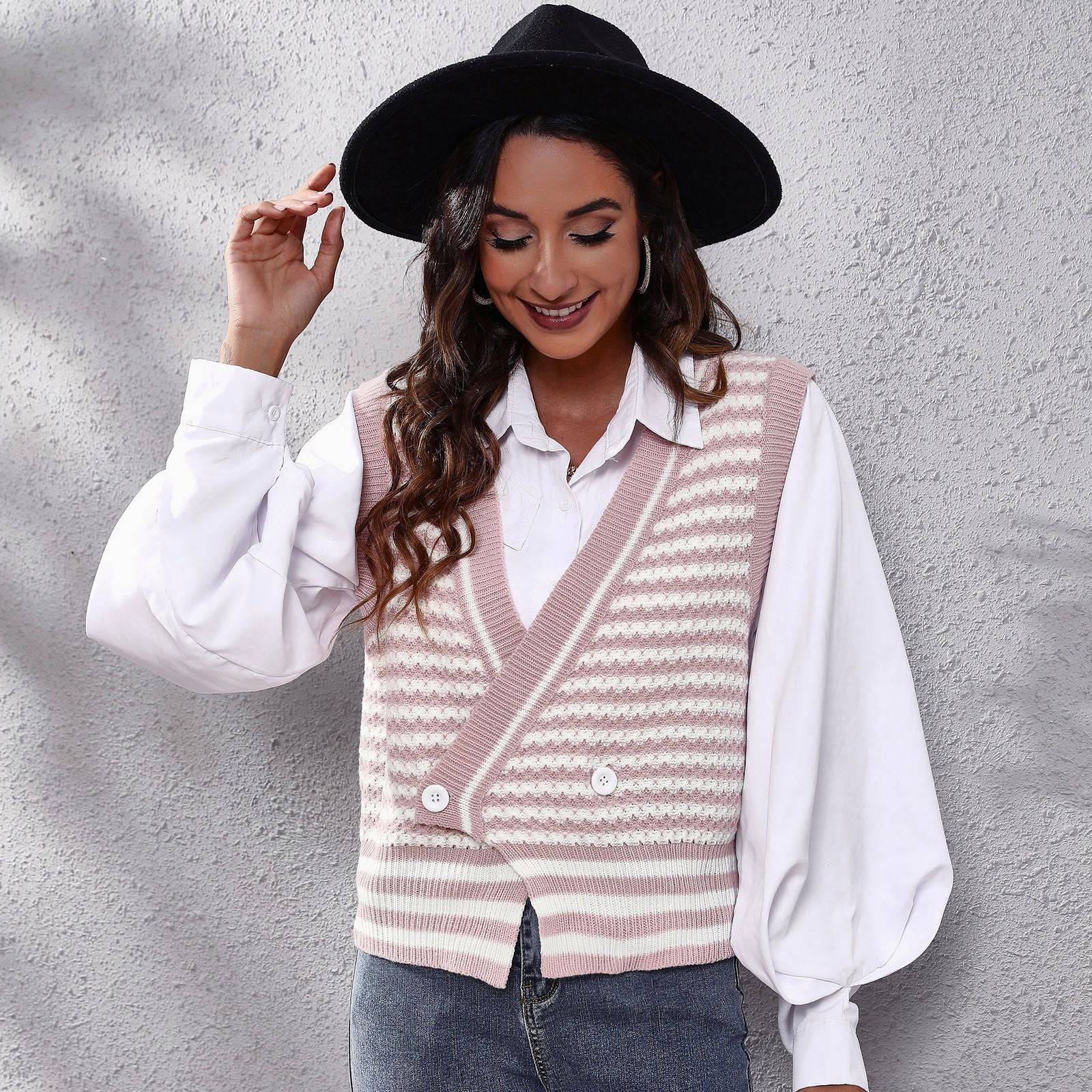 Striped Knitted Vest for Women - Autumn/Winter Collection  S Pink 