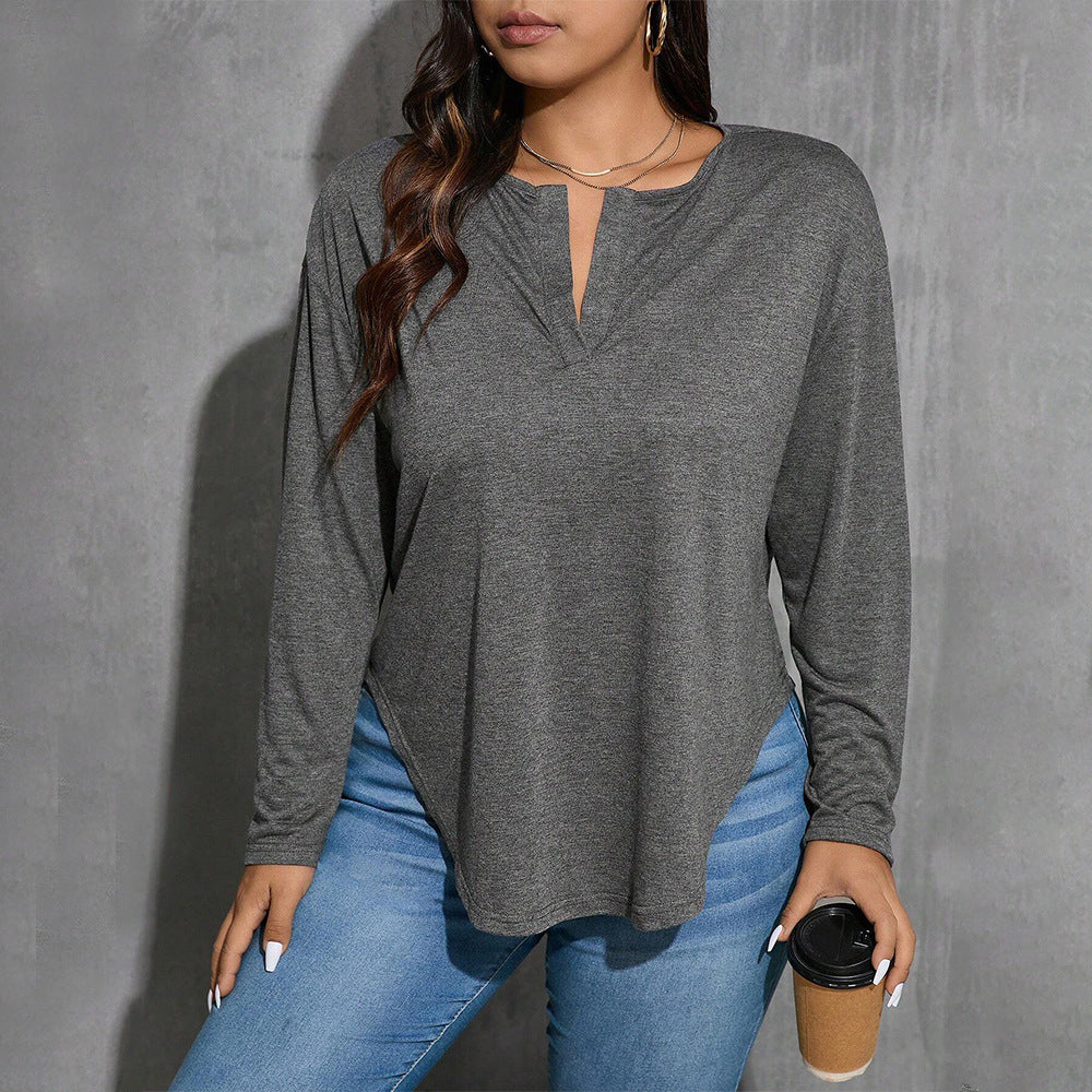 Plus Size Women Clothing V neck Simplicity T shirt Autumn Winter Gray All Match Loose Slimming Bottoming Top - Wild Amber Fashion