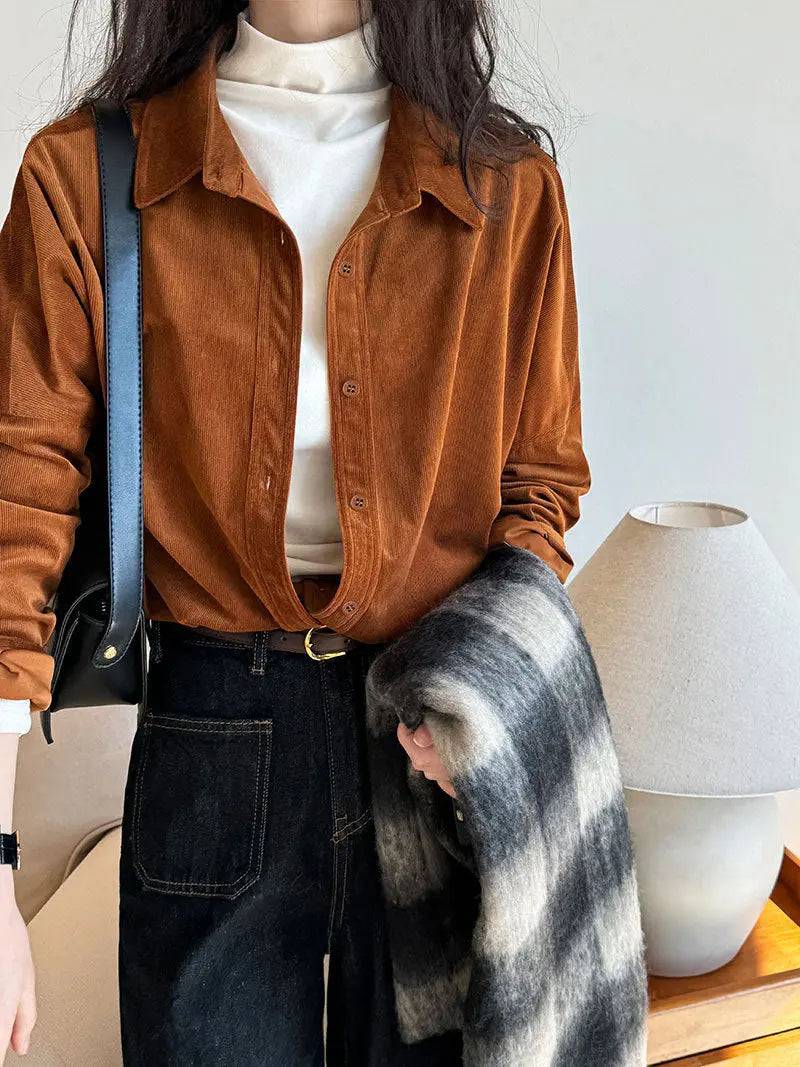 Japanese Minimalist Thickened Sanded Fabric Corduroy Shirt Women Fall Winter Inner Wear Bottoming Bandage Dress Shirt  M Brown 