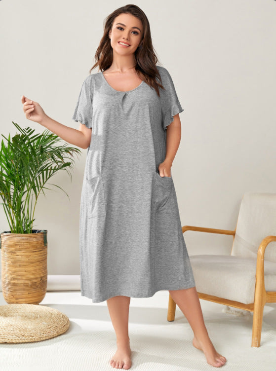 Plus Size Summer Women Clothing Dress Casual Home Pajamas Pocket Long Short Sleeve Nightdress for Women - Wild Amber Fashion