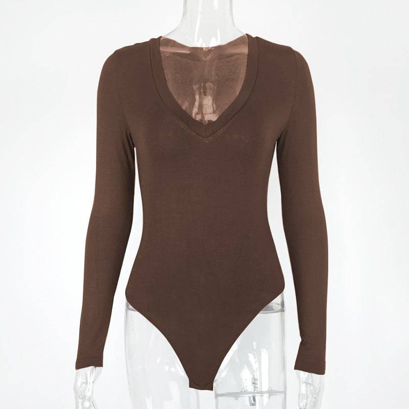 Flattering Long Sleeve V-Neck Bodysuit for Women  S Coffee 