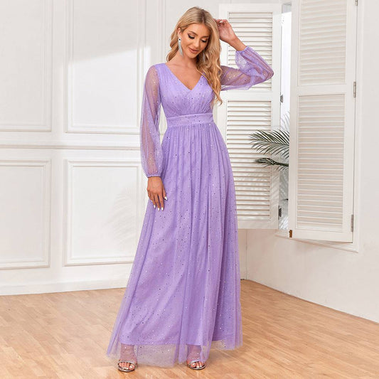 Elegant Double V-Neck Sheer Long Sleeve Tulle Evening Dress  S Violet 