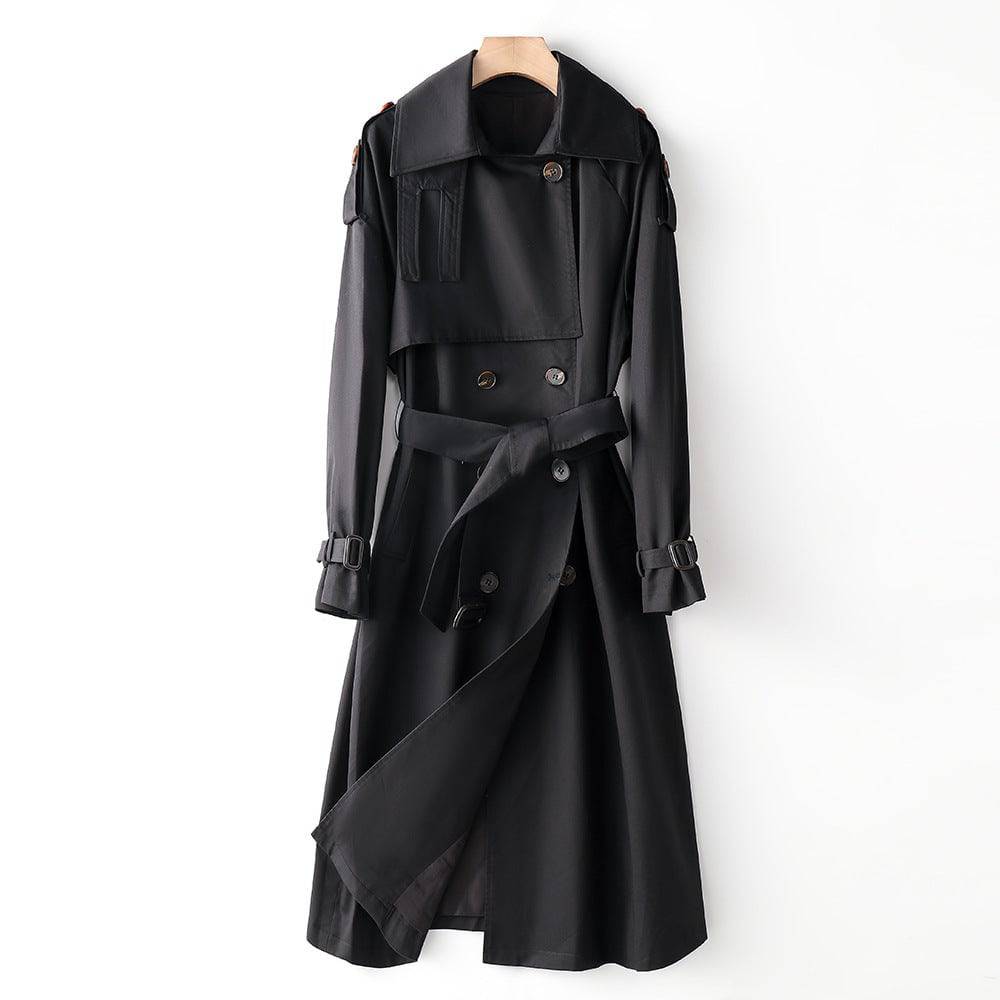 Elegant Korean Autumn Winter Trench Coat with Waist Slimming Effect  XS Black 