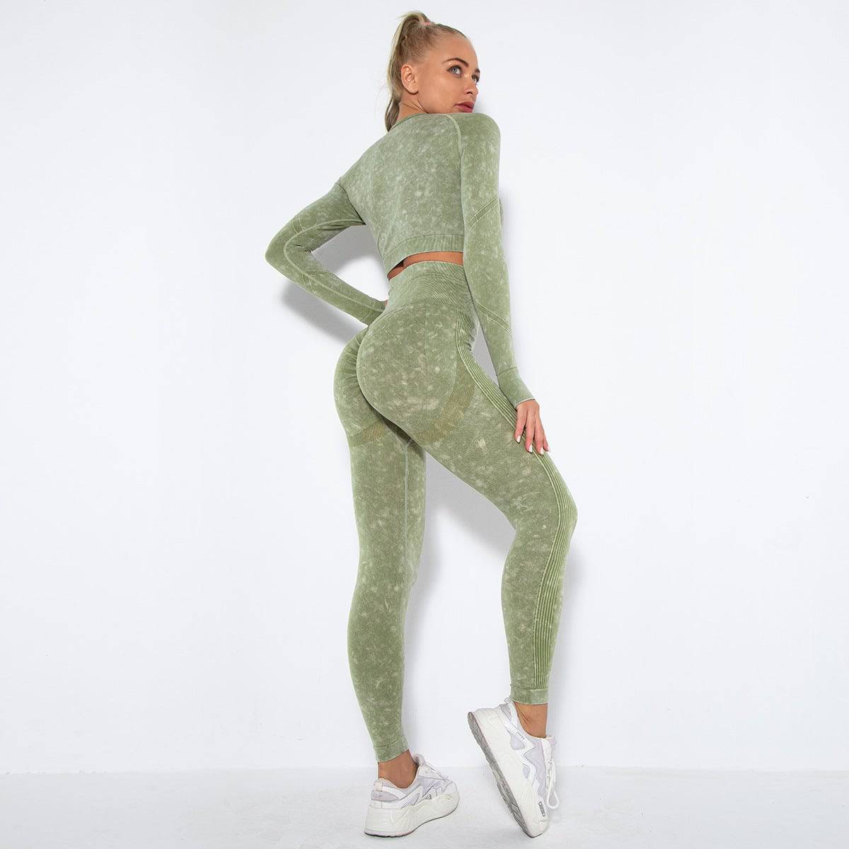 Internet Celebrity Seamless Washed Smile Yoga Suit Outdoor Sports Workout Sexy Hip Yoga Pants  S Long Sleeve Trousers Suit-Washed Army Green 