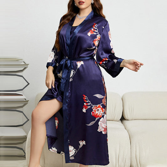 Plus Size Summer Imitated Silk Pajamas Sexy Lace Bathrobe Slip Nightdress Two Piece Women Ice Silk Nightgown - Wild Amber Fashion