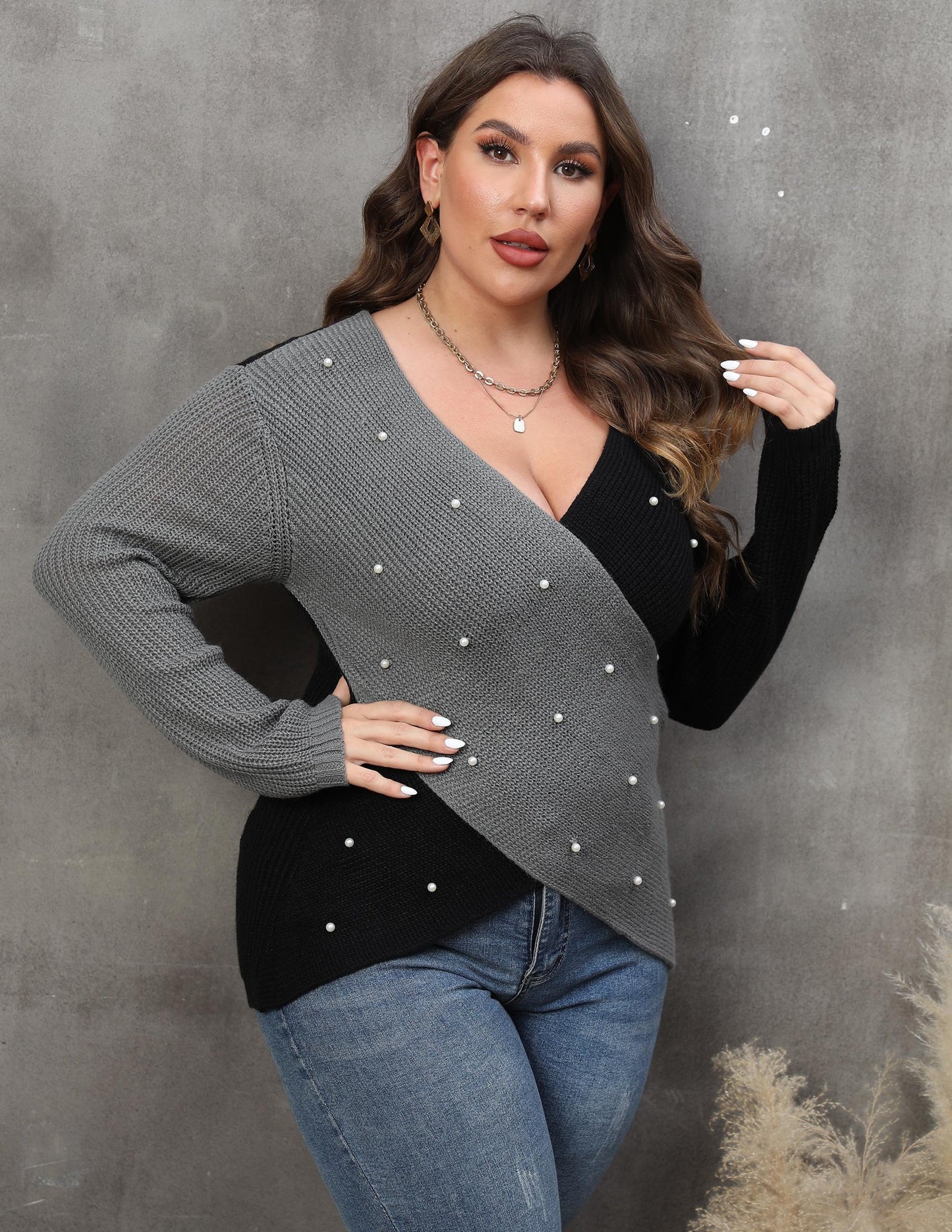 Plus Size Women Clothes Color Contrast Patchwork Deep V Plunge Cross Sexy Beaded Sweater - Wild Amber Fashion