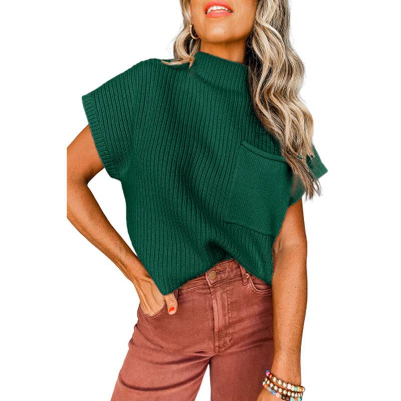 Simple High Collar Solid Color Short Sleeve Sweater for Women  S Green 