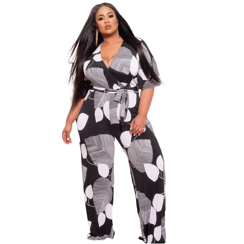 Plus Size Black and White Print Jumpsuit for Office and Casual Wear  L Multi 