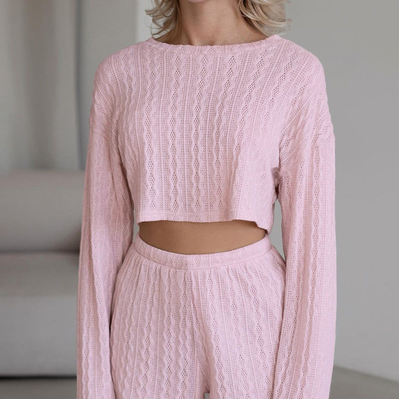 Spring Sexy Knitted Cropped Long Sleeve Pajamas Shorts Two Piece Comfortable Soft Home Wear - Wild Amber Fashion