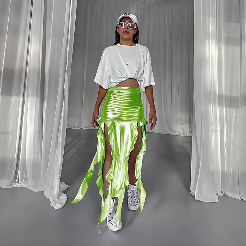 Reflective Metallic Fishtail Skirt with Tassel Accents  S Green 