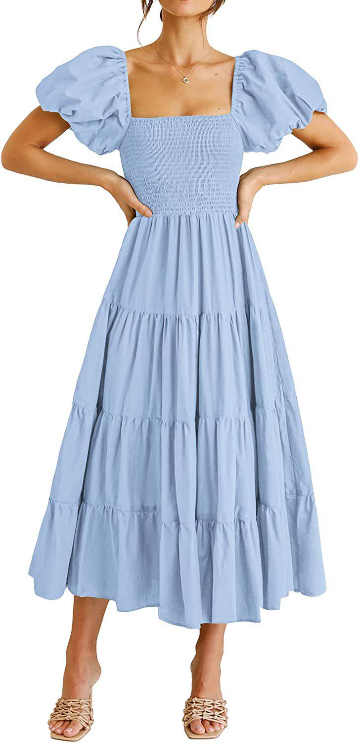 Square Neckline Backless Puff Sleeve Summer Maxi Dress  S Light Blue 