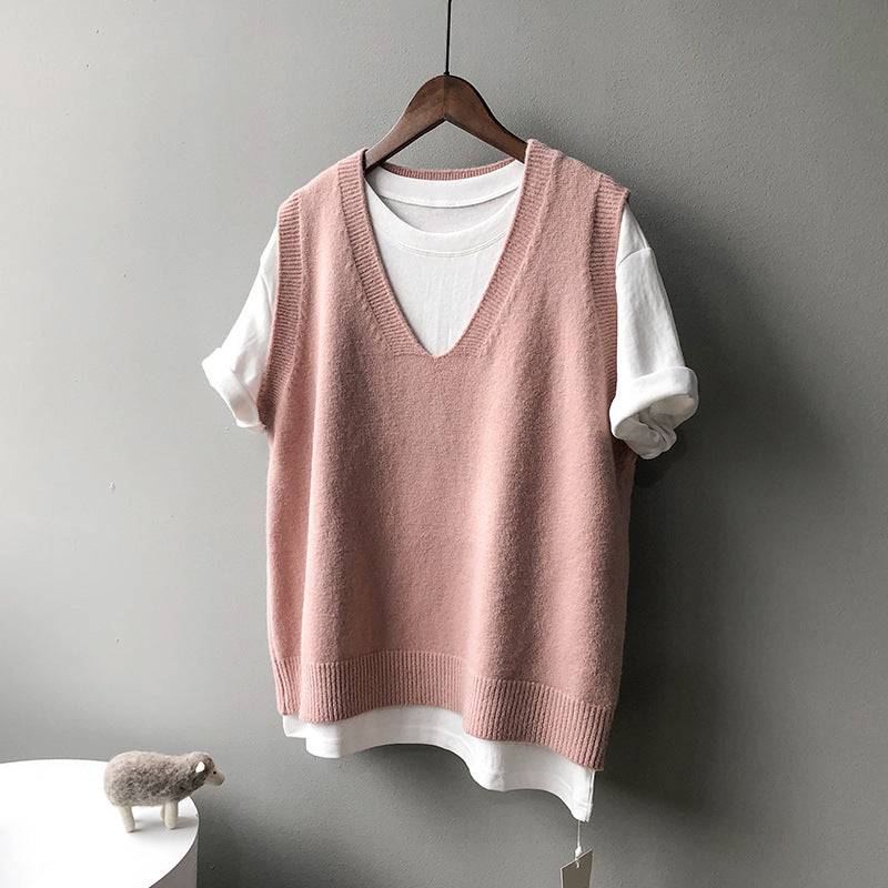 Knitted Vest Women Spring Preppy V neck Loose Idle Sleeveless Waistcoat  One Size Pink 