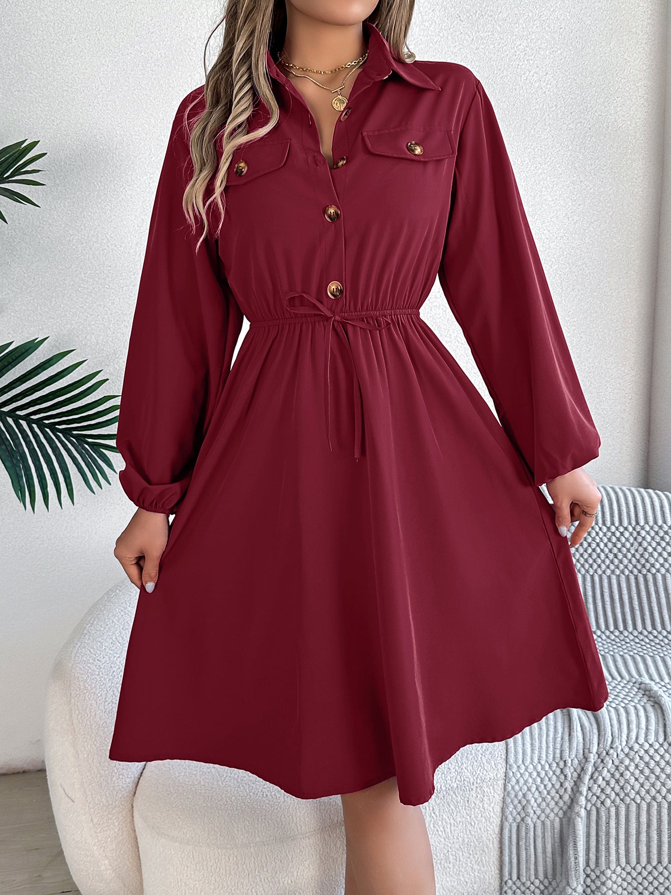 Real Shot Autumn Winter Casual Button Lace up Waist Controlled Long Sleeves Shirt Dress Women Clothing - Wild Amber Fashion