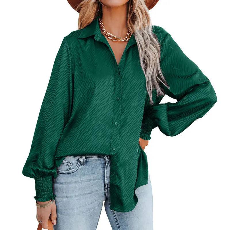 Zebra Pattern Collared Loose Top Lantern Sleeve Shirt for Women  S Green 