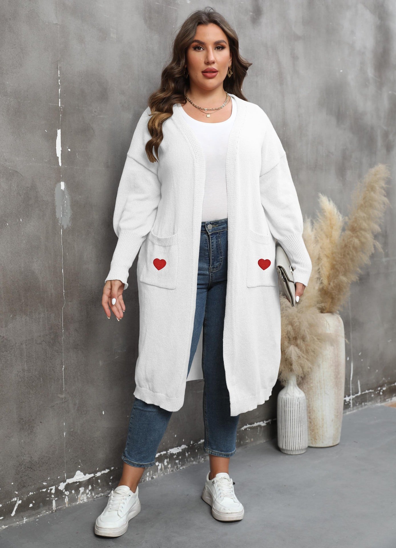 Women plus Size Women Clothes Mid Length Woven Sweater Love Double Pocket Lantern Sleeve Sweater Cardigan - Wild Amber Fashion