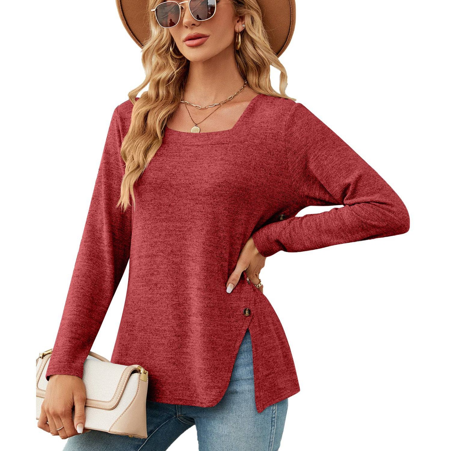 Elegant Square Collar Long Sleeve T-shirt for Women  S Red 