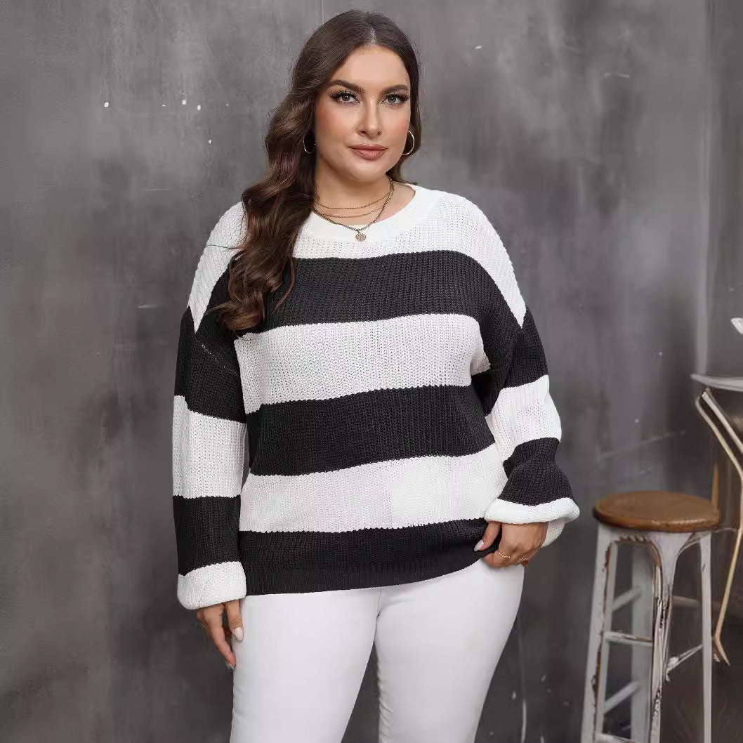 Plus Size Top Women Woven Sweater Women Clothes Contrast Color Striped Color Pullover Sweater - Wild Amber Fashion