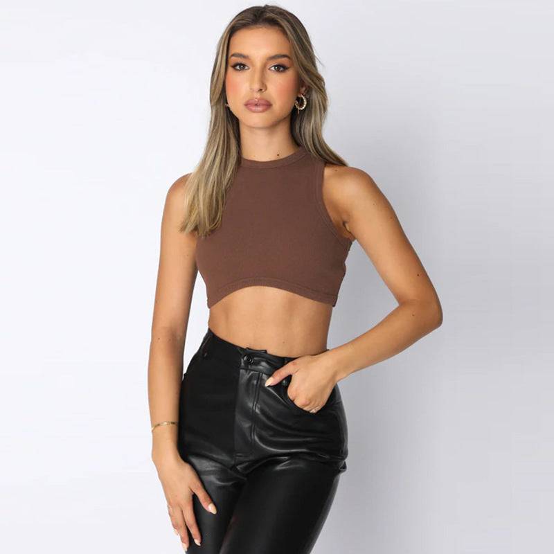 Summer Sexy Vest with High Waist and Sleeveless Design  S Coffee 