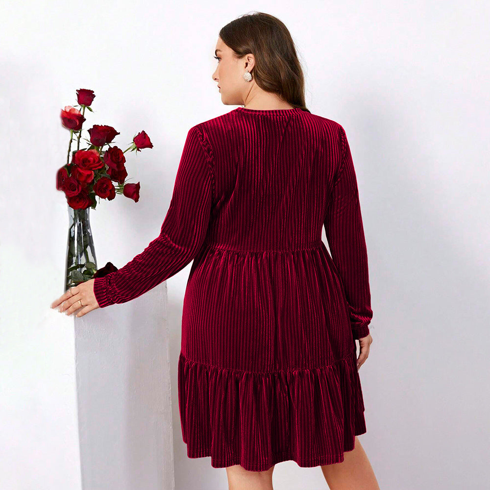 Plus Size Women Clothing Elegant Wine Red Dress Autumn Winter High Waist A Line Dress - Wild Amber Fashion