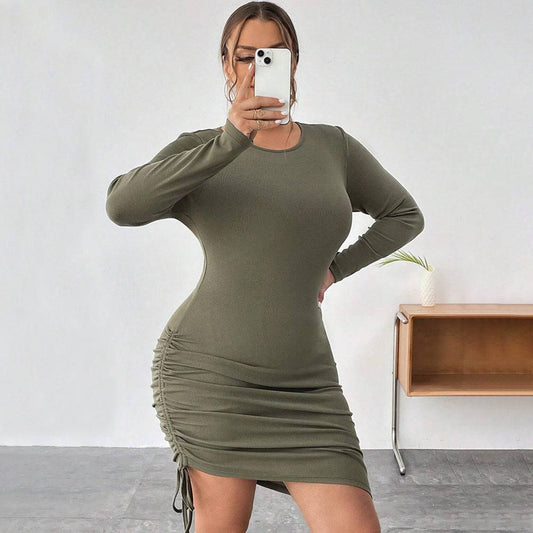 Elegant Irregular Asymmetric Drawstring Dress with Slim Fit Long Sleeves  1XL Army Green 