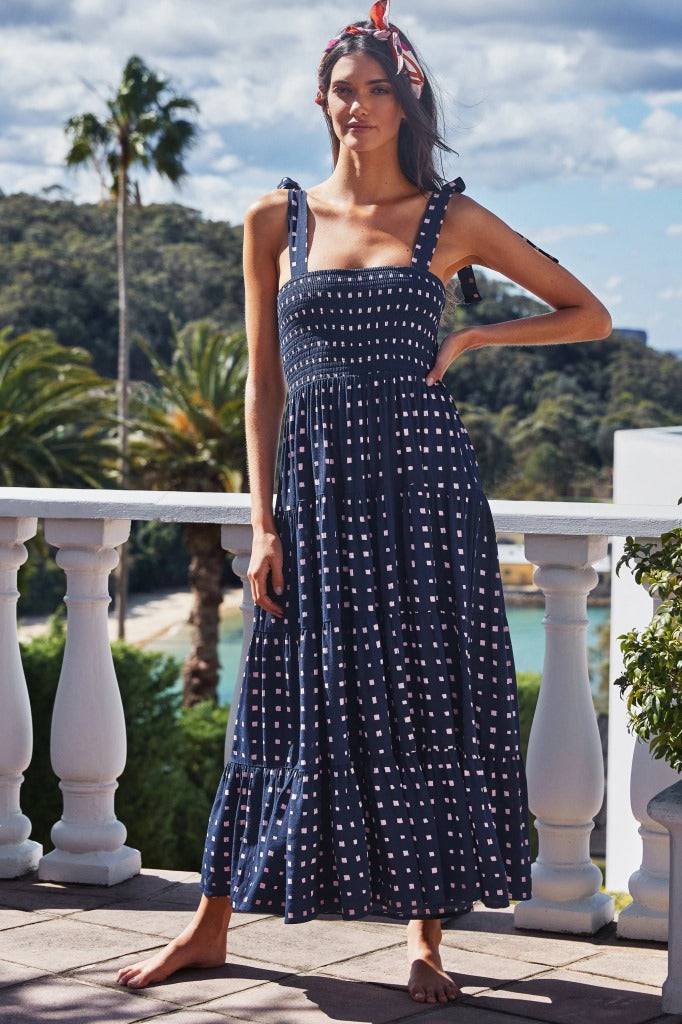 Floral Print Maxi Dress with Spaghetti Straps  S dark blue 