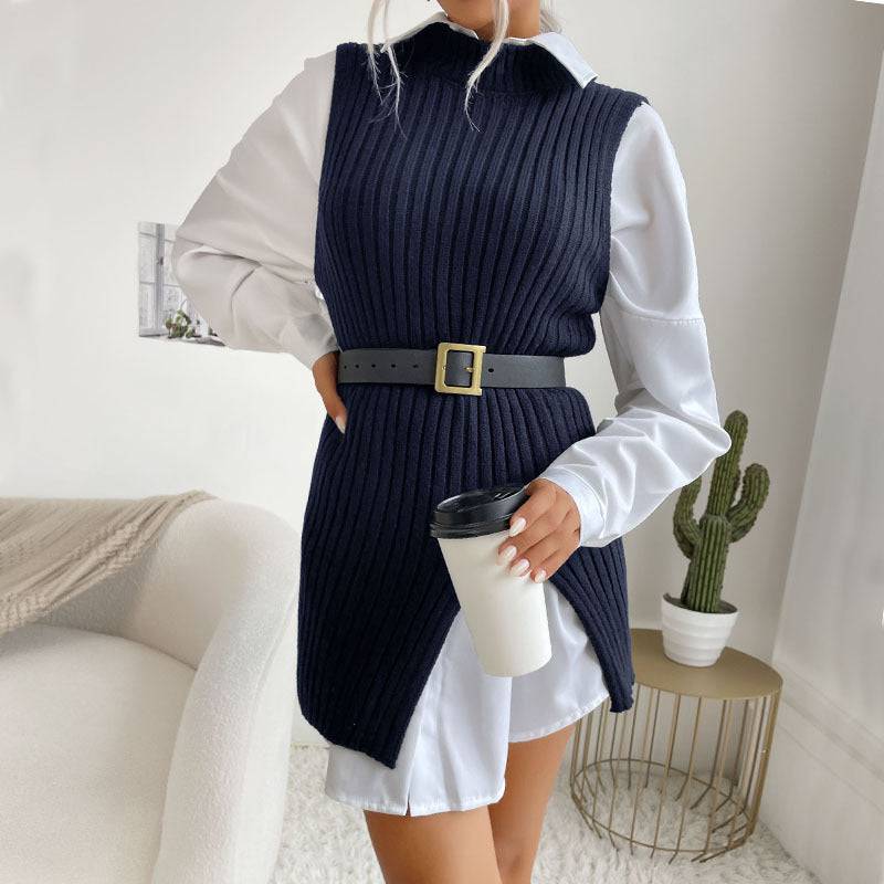 Mid Length Vest Sweater for Early Autumn in the Middle East  S Purplish blue 