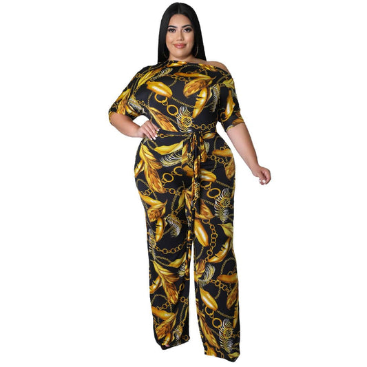 Sophisticated Baroque Printed Plus Size Jumpsuit Trousers for Women  L Gold 