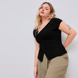 Plus Size Women Clothing Classic Diagonal Collar T Shirt Summer Single Breasted Slim Fit Shoulder Top - Wild Amber Fashion