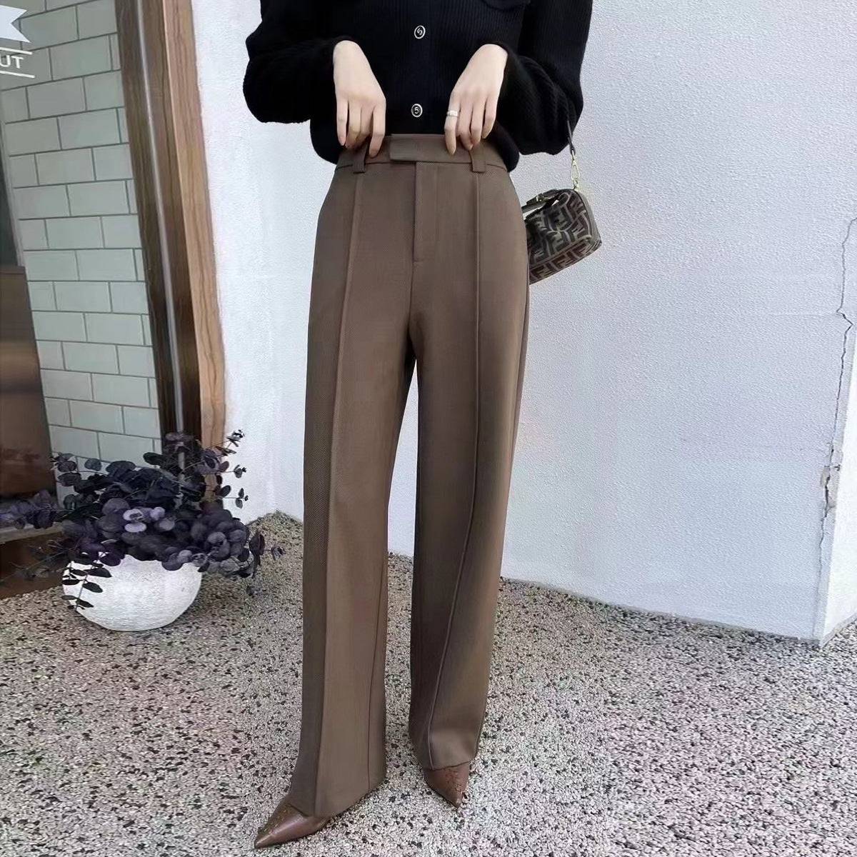 Slim Fit High Rise Polyester Straight Leg Pants  S Coffee 