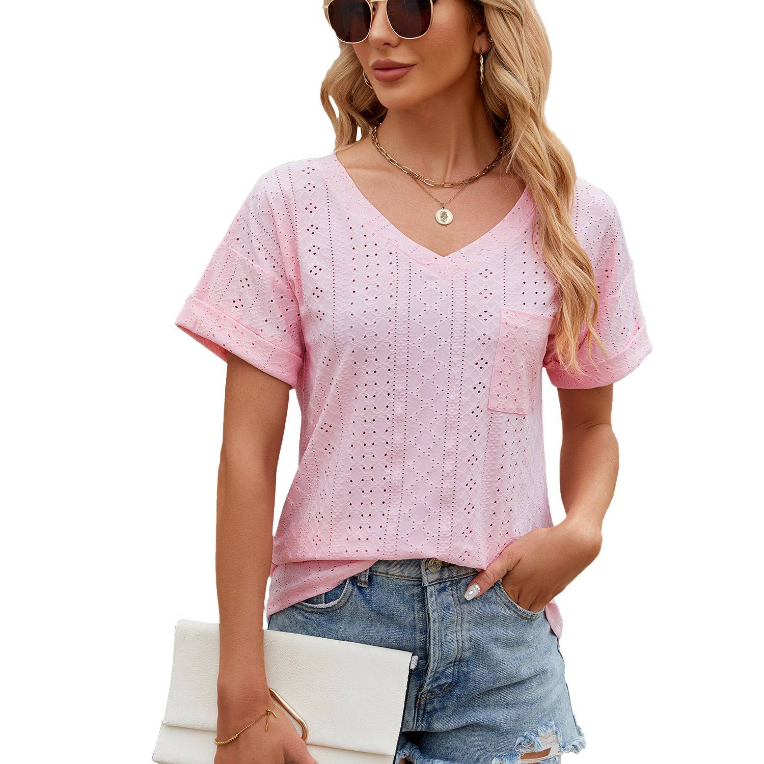 Relaxed V-Neck Short Sleeve Tee for Women  S Pink 