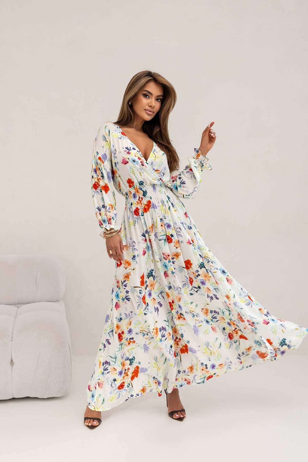 Women Clothing Women Clothing Printed V Neck Sexy Slit Long Sleeve Dress - Wild Amber Fashion