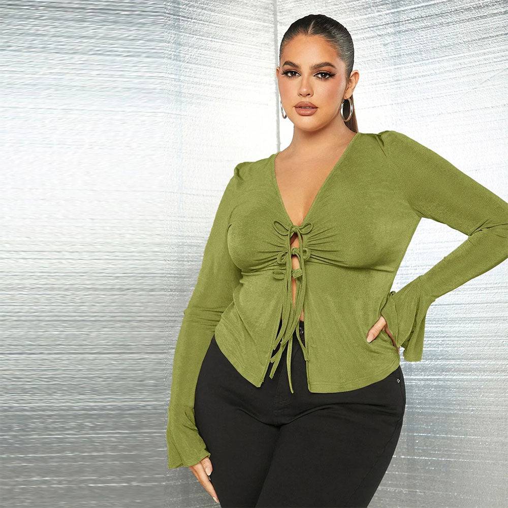 Flattering Lace-Up V-Neck Knitted Office Top for Plus Size Women  1XL Light Green 