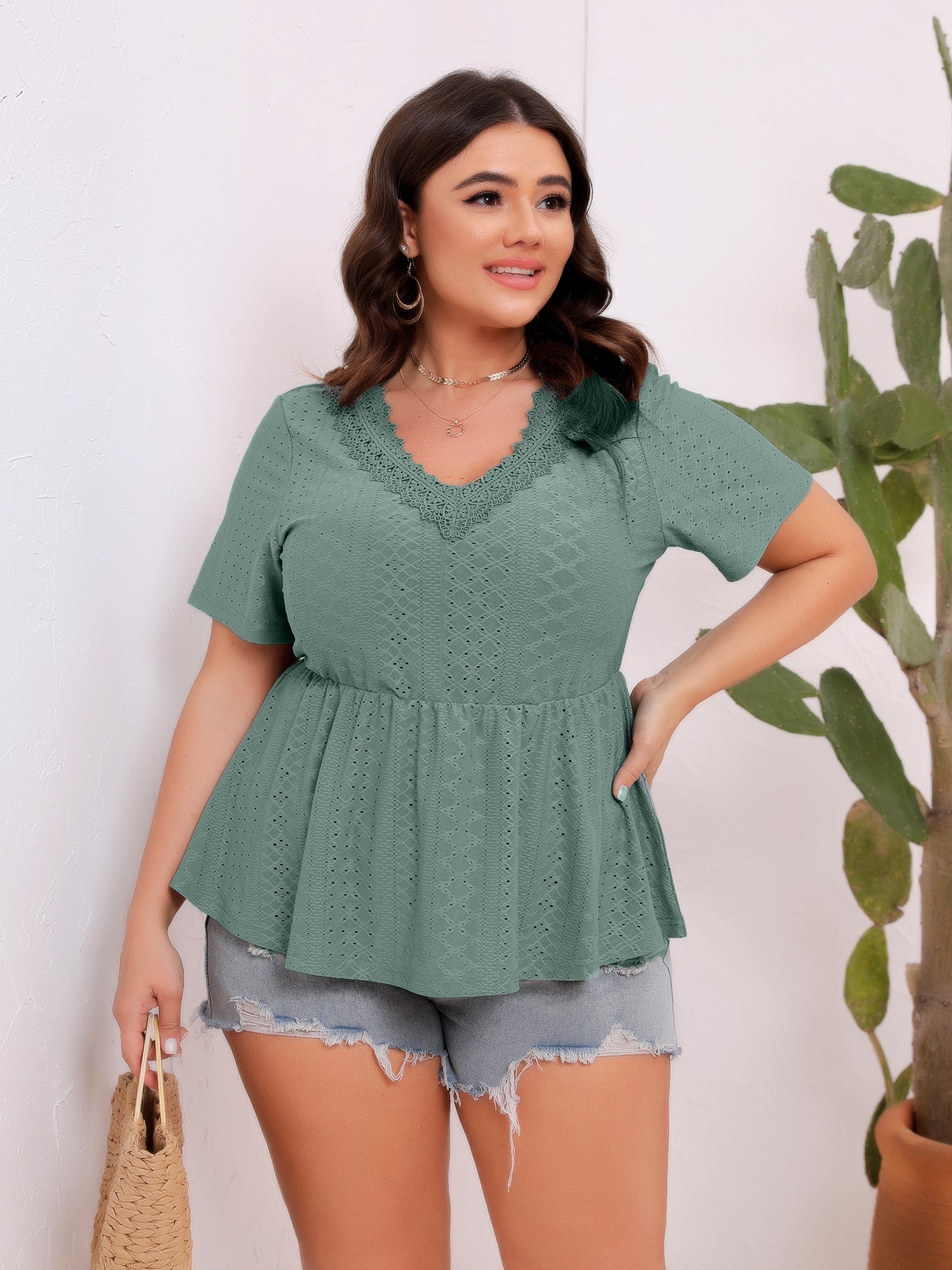 Plus Size Summer Short Sleeved T shirt Women Stitching Lace V neck Top - Wild Amber Fashion