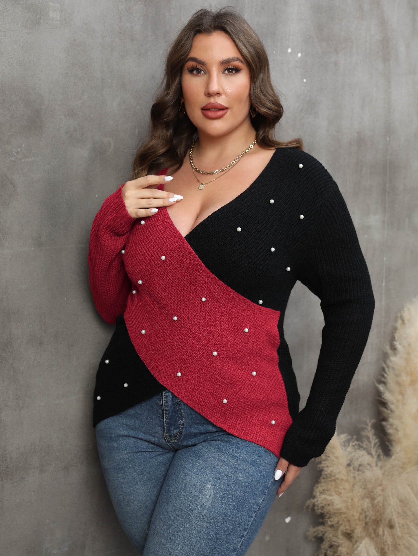 Plus Size Women Clothes Color Contrast Patchwork Deep V Plunge Cross Sexy Beaded Sweater - Wild Amber Fashion