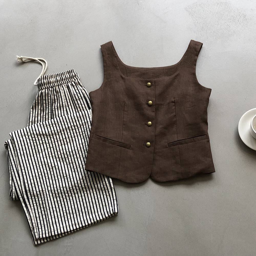 Retro Linen Women's Sleeveless Vest with Square Collar for Autumn  M Coffee 