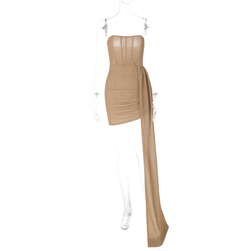 Seductive Strapless Sheath Dress with Asymmetrical Design for Stylish Spring/Autumn Wear  S Khaki 