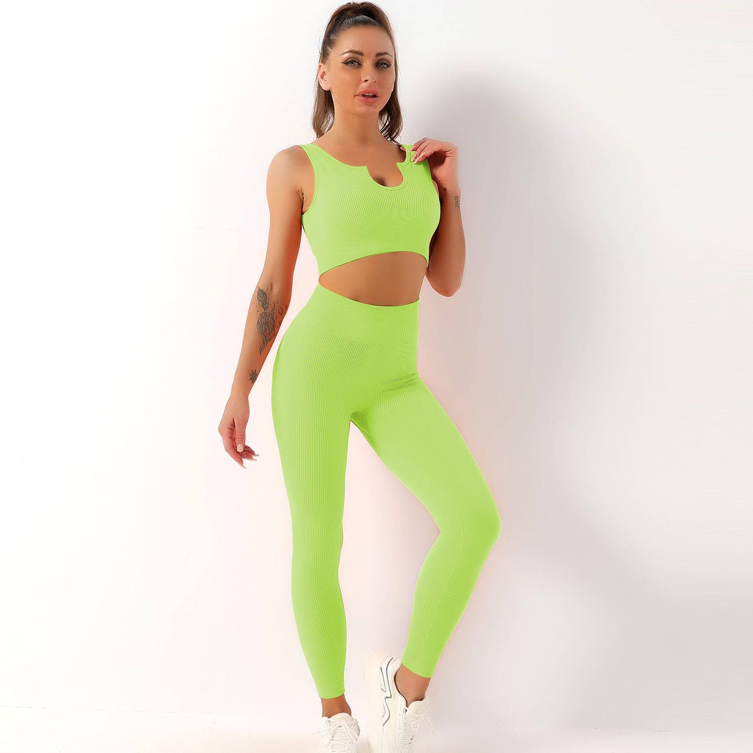 Ultimate Comfort Seamless Yoga Set with Shockproof Sports Bra and High-Rise Fitness Trousers  S Grass Green U-Shaped Bra Trousers 