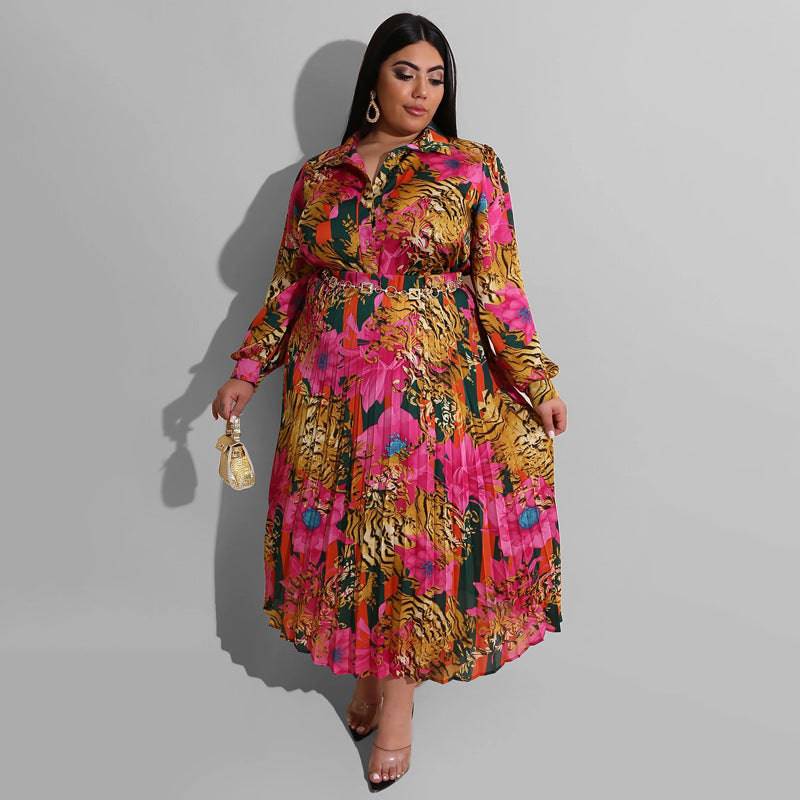 Elegant Plus Size Autumn Winter Printed Maxi Dress  1XL Coral Red 