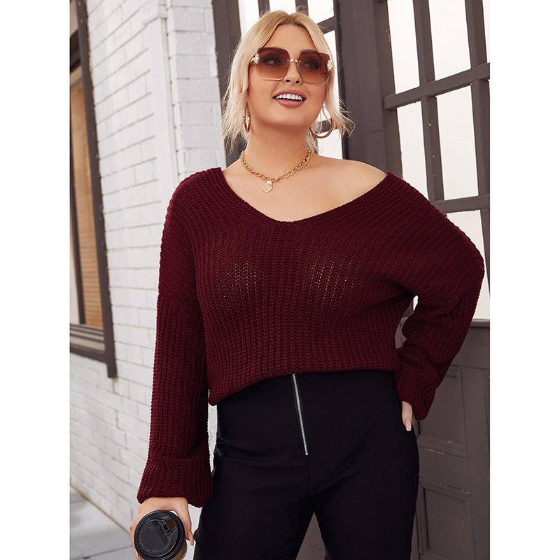 Plus Size Real Shot Women Clothing Autumn Winter V neck Knitted Sweater for Women - Wild Amber Fashion