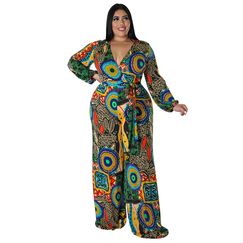 plus Size Women Clothes Autumn Printed Multi Color Long Sleeve Long Conjoined Trousers - Wild Amber Fashion