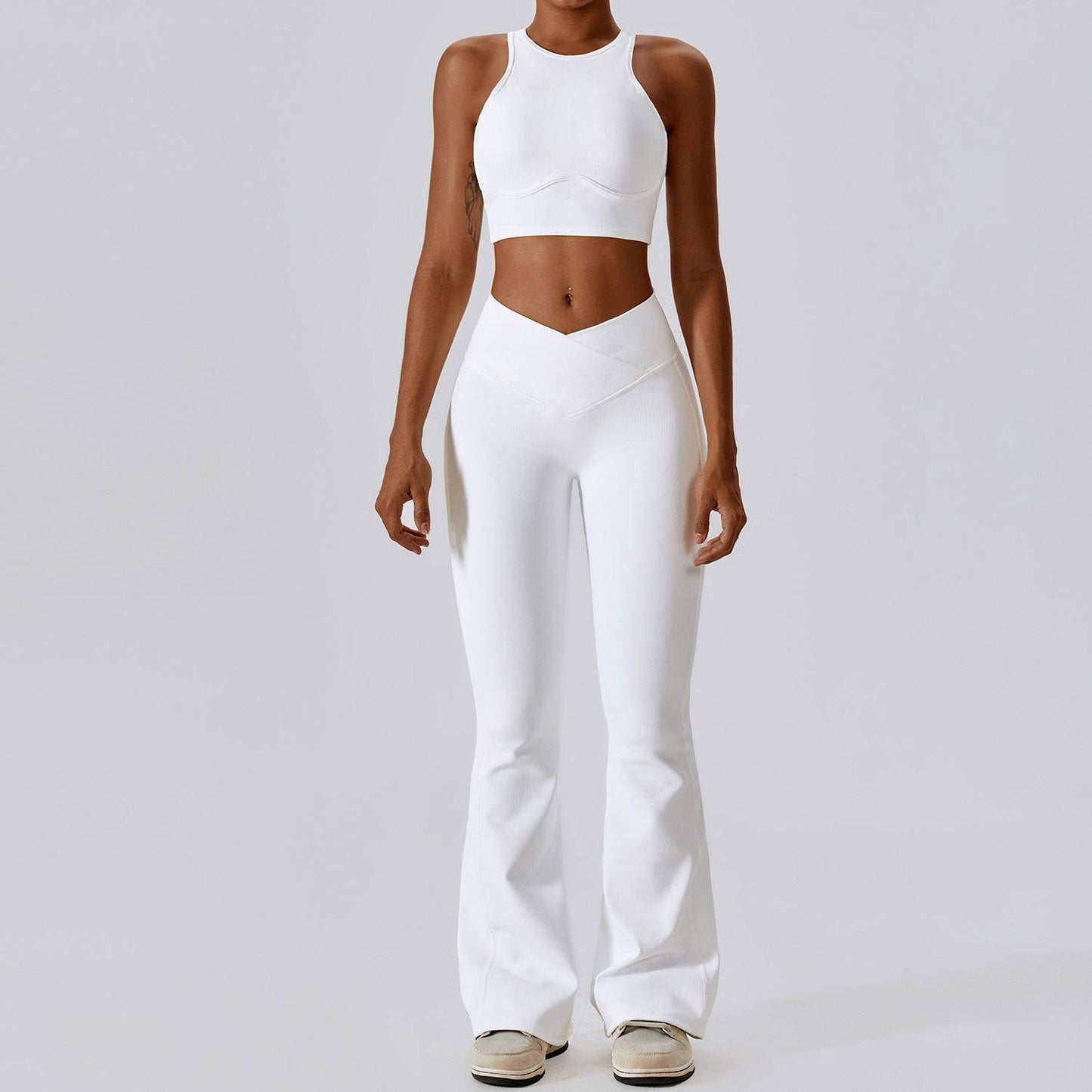 High-Rise Slim Fit Quick Drying Yoga Suit with Lace-Up Detail and Cutout Design  S -2 Bra Bell-Bottom Pants Swan White 