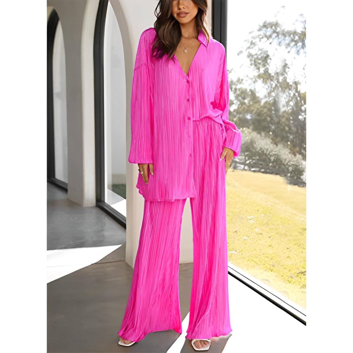 Spring Summer Women Solid Color Pleated Single Breasted Top High Waist Wide Leg Bell Bottoms Homewear Suit - Wild Amber Fashion