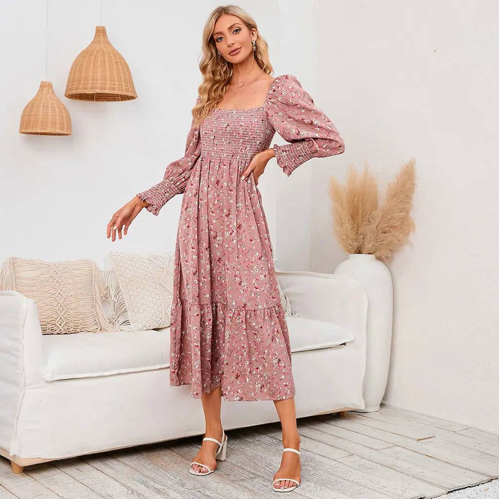 Elegant Spring Floral Chiffon Maxi Dress with Long Sleeves  S Pink 