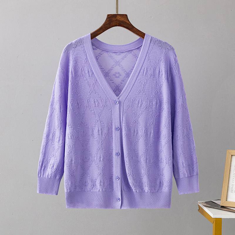 Sun-Proof Knitted Cardigan with Three Quarter Sleeves for Women  One Size Purple 