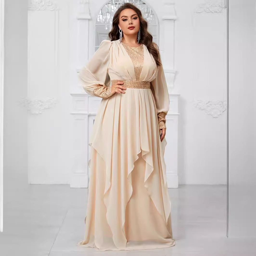 Plus Size Chiffon Stitching Sequined Lantern Sleeve Irregular Asymmetric Ruffles Elegant Party Dress - Wild Amber Fashion