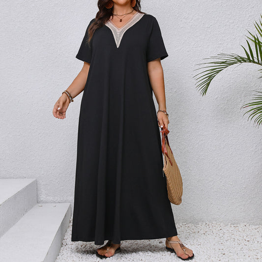 Plus Size Summer V neck Slimming Maxi Dress Elegant Black Loose Women Dress - Wild Amber Fashion